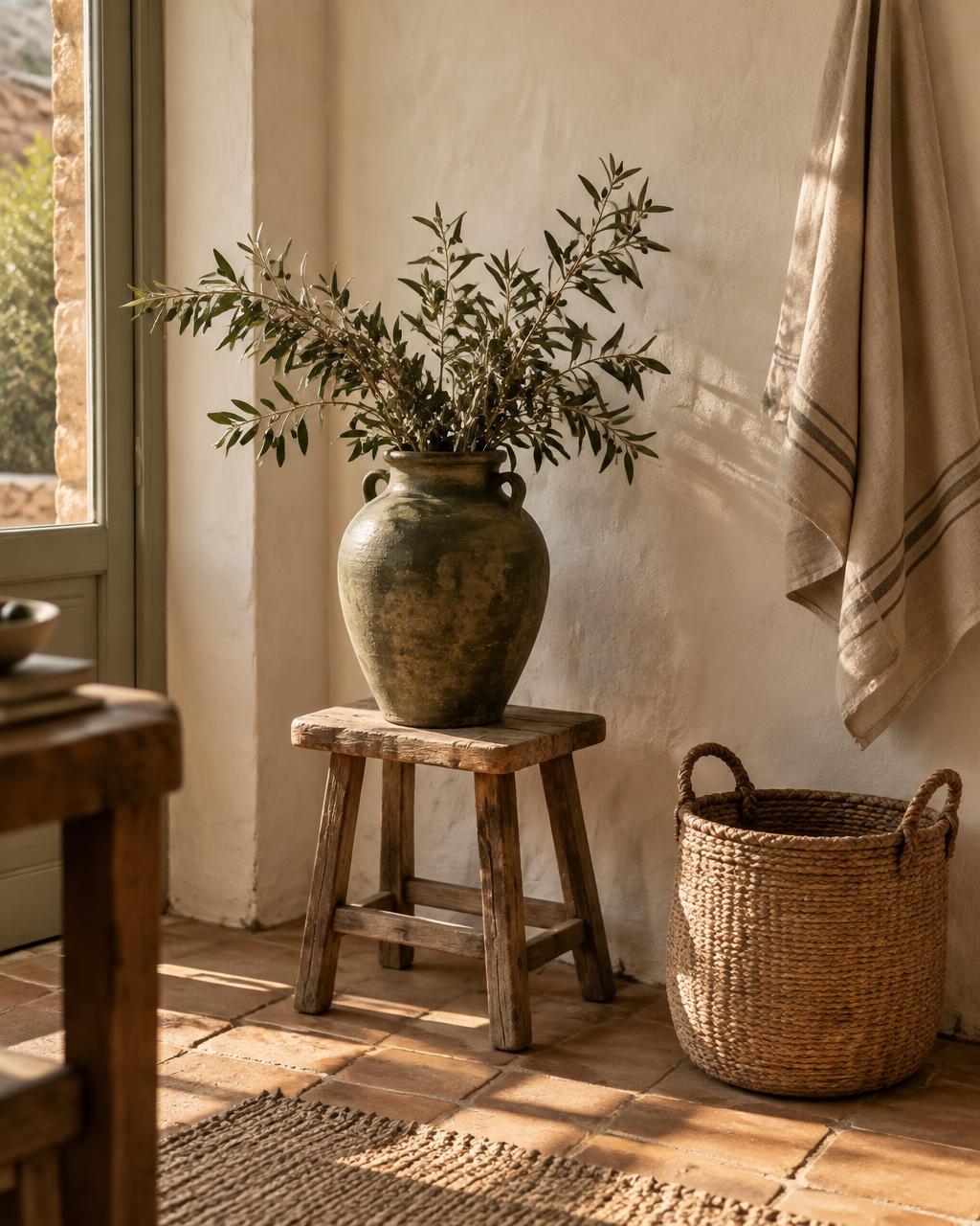 Olive branches in a rustic ceramic vase on a wooden stool, with a woven basket in warm Mediterranean light